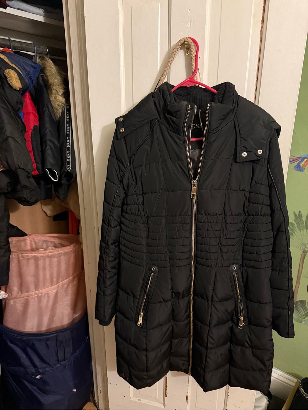 Guess Women's Black Quilted Puffer Coat with Front Zip